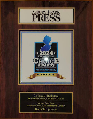 Asbury Park Press 2024 Community Choice Award plaque honoring Dr. Russell Brokstein of Hometown Family Wellness Center as Best Chiropractor in Monmouth County