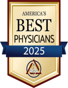 America’s Best Physicians 2025 gold award badge with blue ribbon