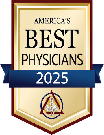 America’s Best Physicians 2025 gold award badge with blue ribbon