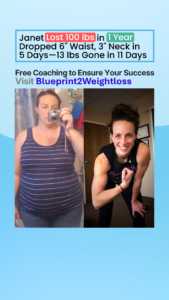 A 'before and after' image showing Janet's weight loss. The 'before' photo on the left shows a heavier woman taking a mirror selfie. The 'after' photo on the right shows a much leaner, muscular woman smiling and flexing her bicep. Text states 'Janet Lost 100 lbs in 1 Year' and promotes 'Blueprint2Weightloss'.
