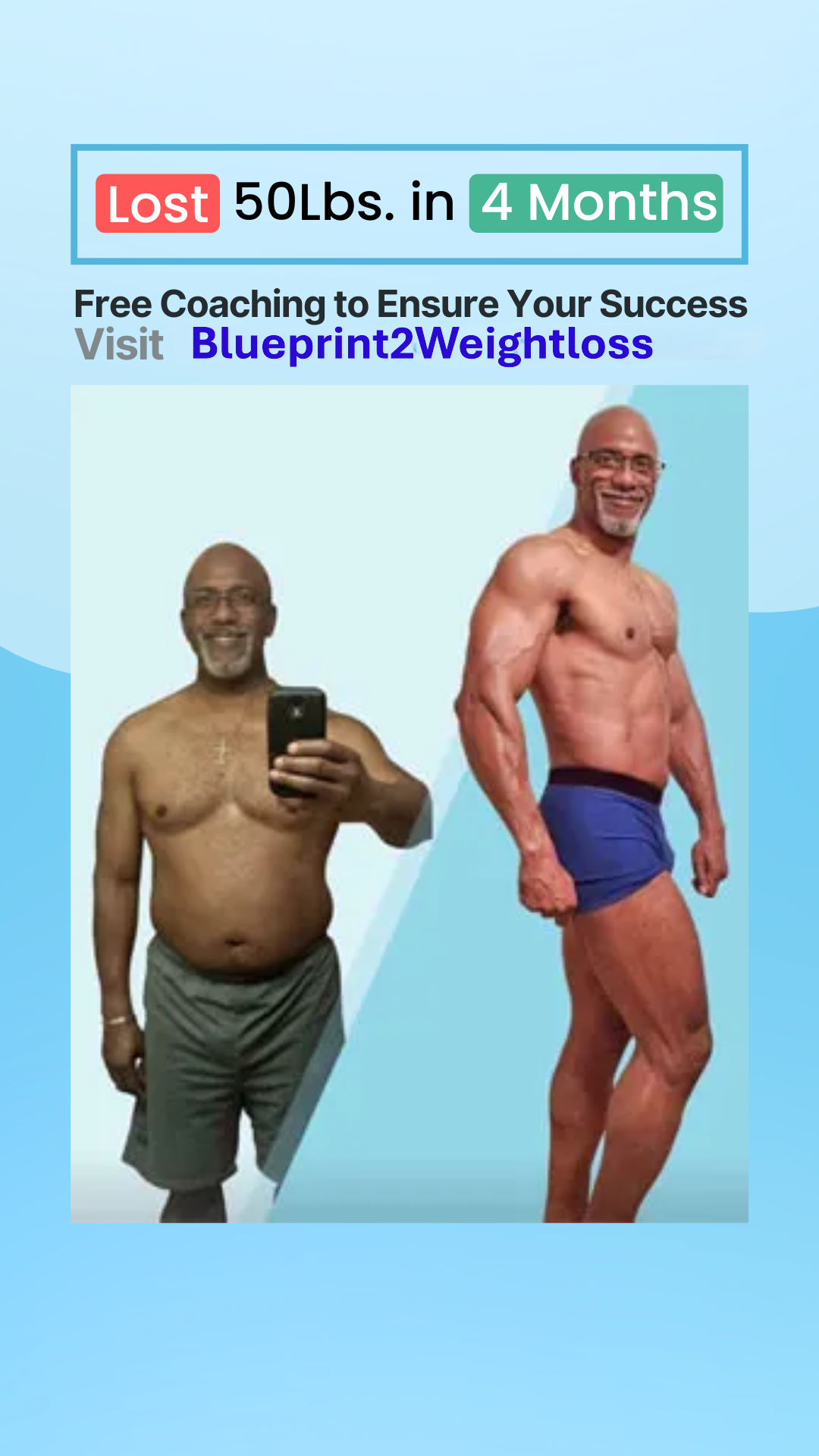 A 'before and after' image showing a man's weight loss transformation. On the left, he is heavier, taking a shirtless selfie. On the right, he is significantly leaner and more muscular, posing in blue briefs. Text above reads 'Lost 50Lbs. in 4 Months' and 'Visit Blueprint2Weightloss'.