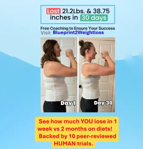 A 'before and after' image showing a woman's weight loss transformation in 30 days. The 'Day 1' photo shows her with a fuller midsection, while the 'Day 30' photo reveals a significantly slimmer figure. Text indicates a loss of 21.2 lbs and 38.75 inches, promoting a weight loss program.