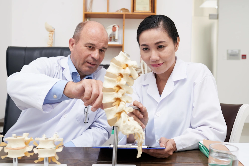 Doctor showing spine model to explain disc degeneration and spinal changes